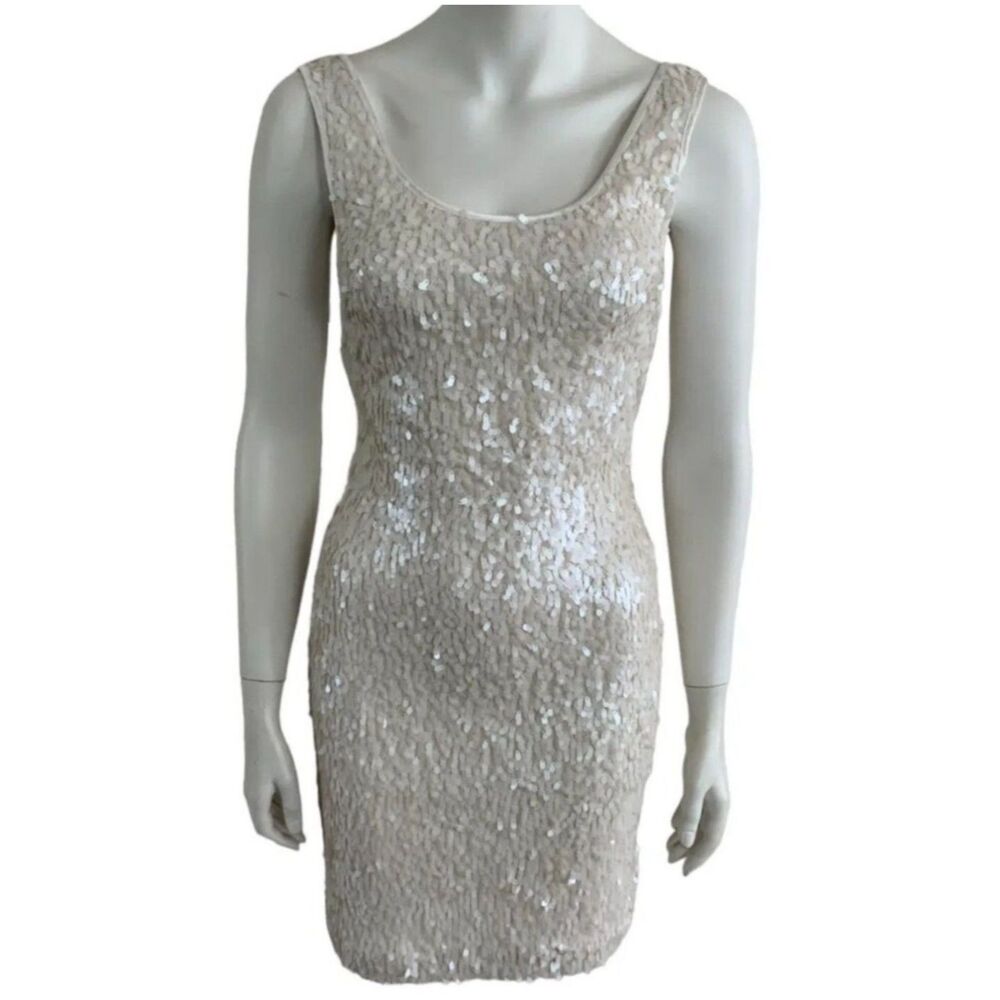 White House Black Market Ivory Sequin Body-con Dress 00 - Picture 2 of 11
